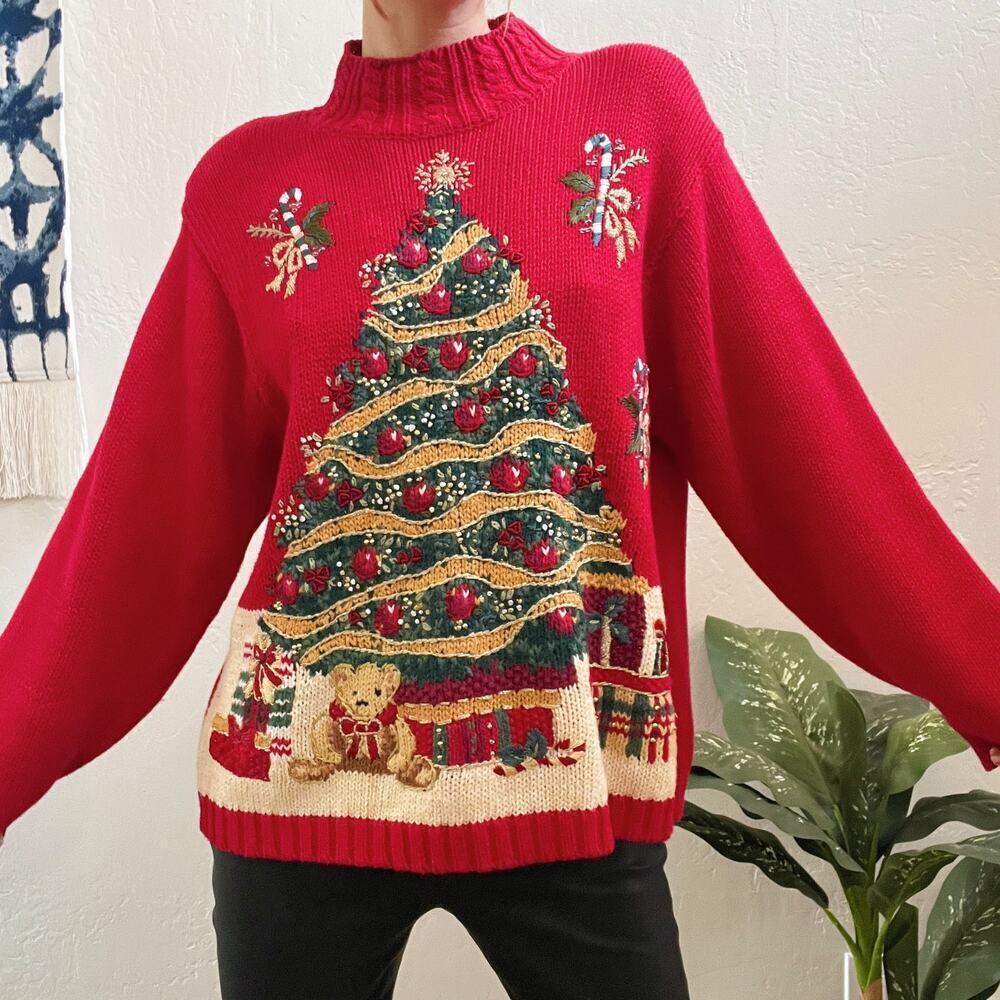 Vintage Y2K Tiara International 2004 Red Oversized Christmas Sweater